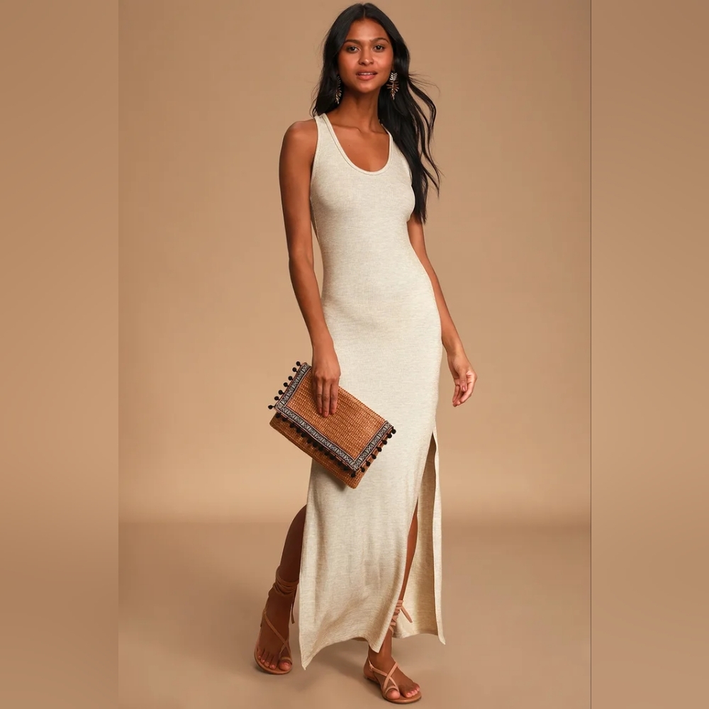 Lulus Relaxed but Not Least Beige Ribbed Sleeveless Maxi Dress Size XS - Picture 1 of 6